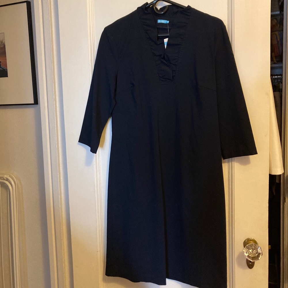 NWT! J.McLaughlin navy dress with ruffled collar , 3/4 length sleeves, size 10